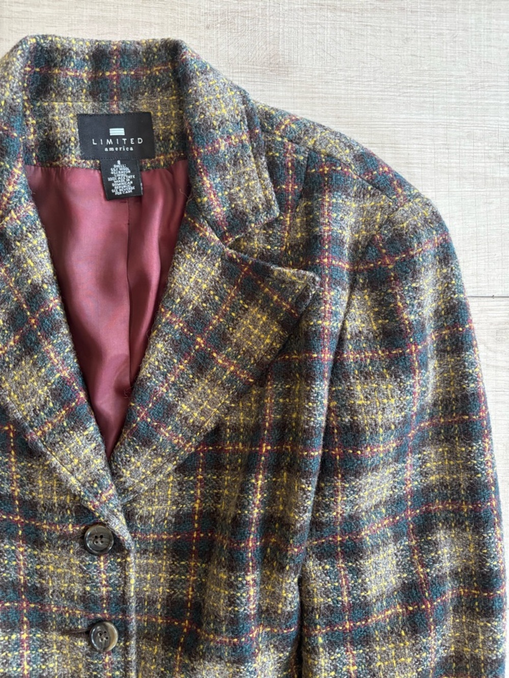 Limited America Vintage Plaid Wool Tweed Blend Blazer Olive Multicolor Size 8 - Picture 2 of 5